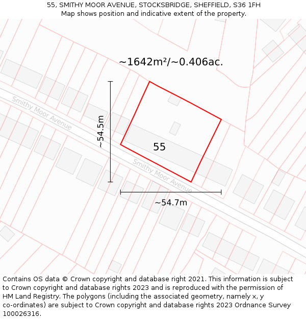 55, SMITHY MOOR AVENUE, STOCKSBRIDGE, SHEFFIELD, S36 1FH: Plot and title map