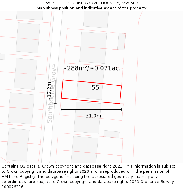 55, SOUTHBOURNE GROVE, HOCKLEY, SS5 5EB: Plot and title map