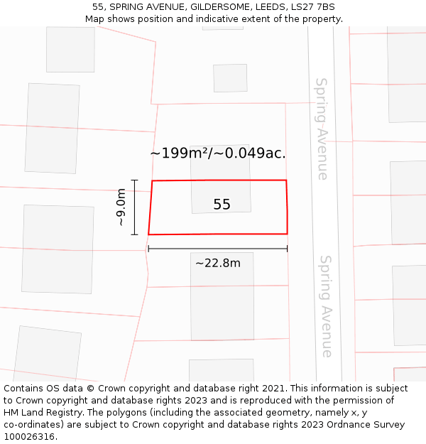 55, SPRING AVENUE, GILDERSOME, LEEDS, LS27 7BS: Plot and title map