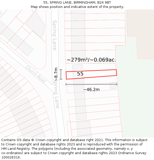 55, SPRING LANE, BIRMINGHAM, B24 9BT: Plot and title map