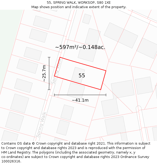 55, SPRING WALK, WORKSOP, S80 1XE: Plot and title map