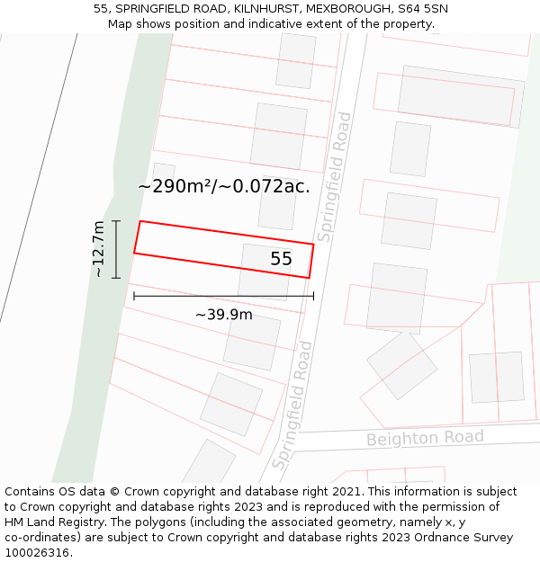 55, SPRINGFIELD ROAD, KILNHURST, MEXBOROUGH, S64 5SN: Plot and title map