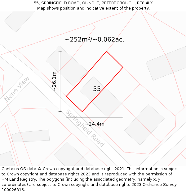 55, SPRINGFIELD ROAD, OUNDLE, PETERBOROUGH, PE8 4LX: Plot and title map