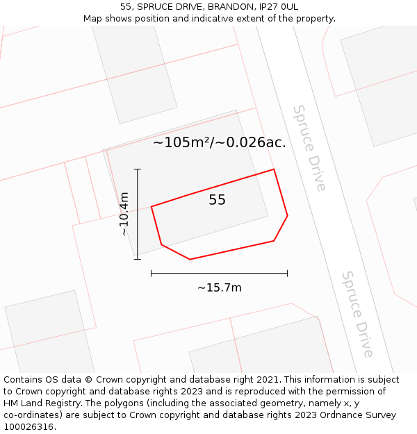 55, SPRUCE DRIVE, BRANDON, IP27 0UL: Plot and title map
