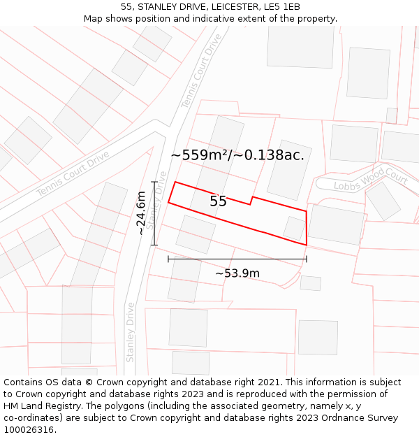 55, STANLEY DRIVE, LEICESTER, LE5 1EB: Plot and title map