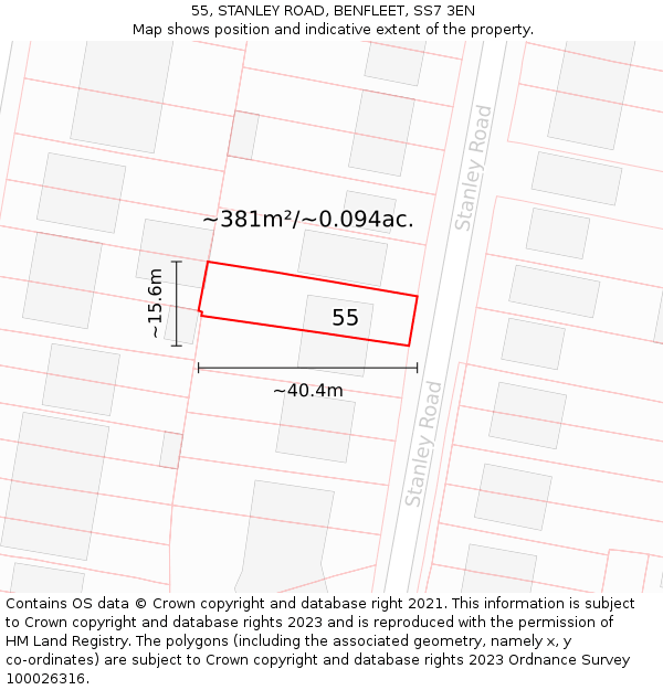 55, STANLEY ROAD, BENFLEET, SS7 3EN: Plot and title map