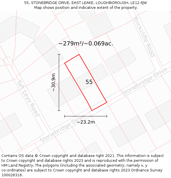 55, STONEBRIDGE DRIVE, EAST LEAKE, LOUGHBOROUGH, LE12 6JW: Plot and title map