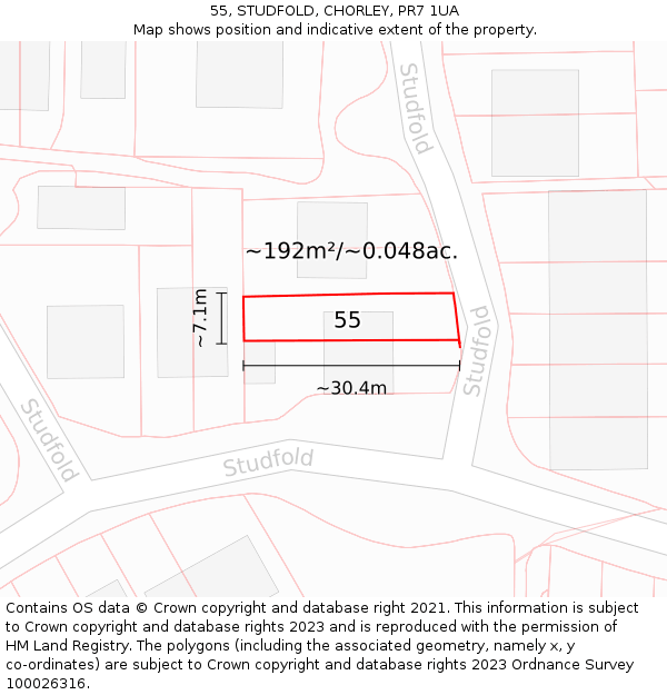 55, STUDFOLD, CHORLEY, PR7 1UA: Plot and title map