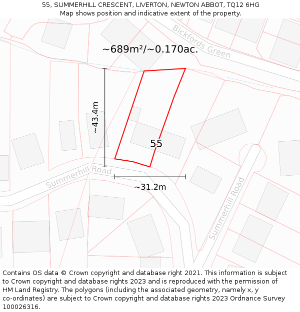 55, SUMMERHILL CRESCENT, LIVERTON, NEWTON ABBOT, TQ12 6HG: Plot and title map