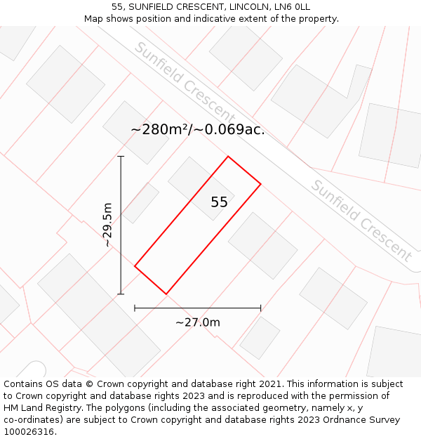 55, SUNFIELD CRESCENT, LINCOLN, LN6 0LL: Plot and title map