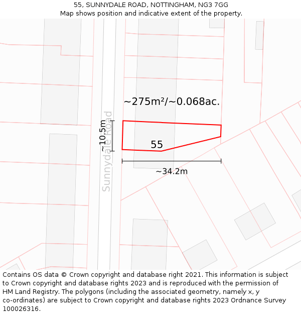 55, SUNNYDALE ROAD, NOTTINGHAM, NG3 7GG: Plot and title map