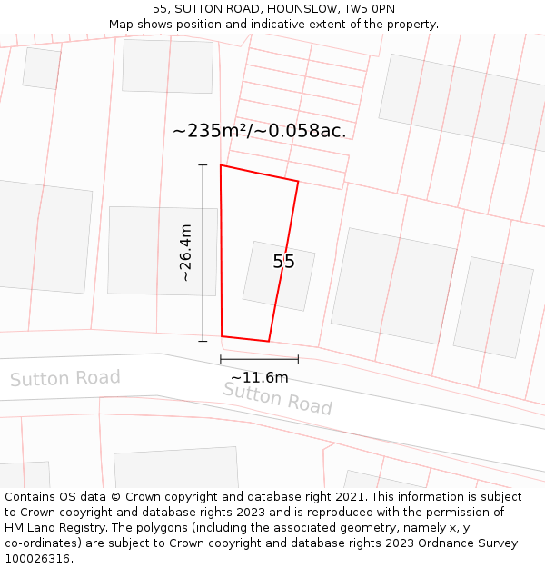 55, SUTTON ROAD, HOUNSLOW, TW5 0PN: Plot and title map