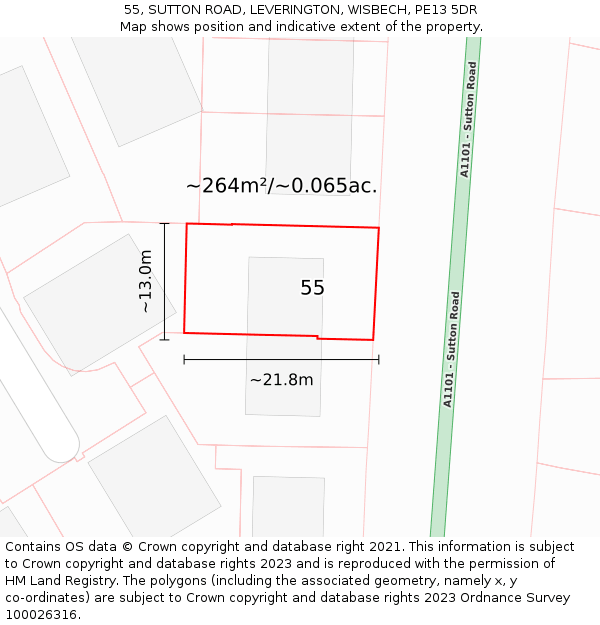55, SUTTON ROAD, LEVERINGTON, WISBECH, PE13 5DR: Plot and title map