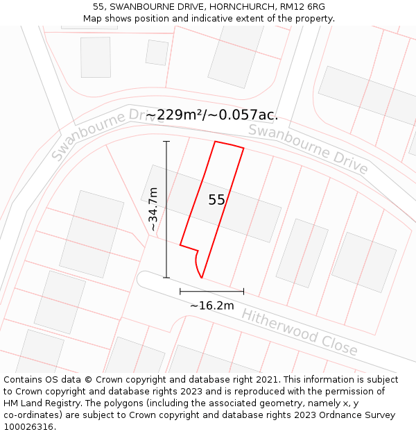 55, SWANBOURNE DRIVE, HORNCHURCH, RM12 6RG: Plot and title map