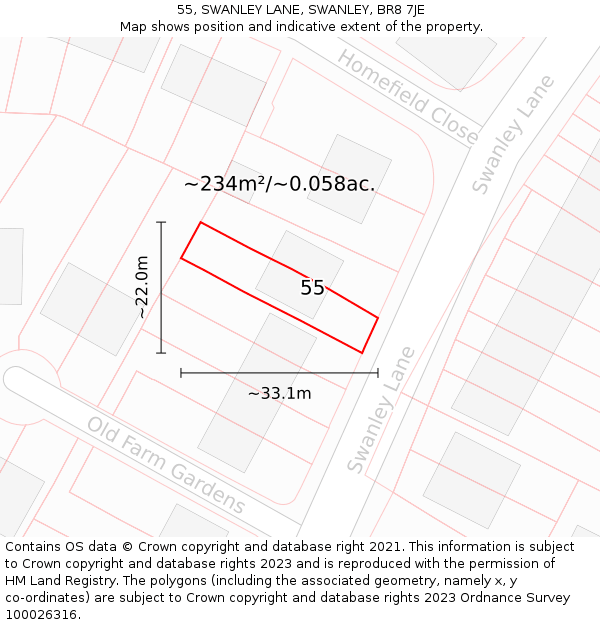 55, SWANLEY LANE, SWANLEY, BR8 7JE: Plot and title map