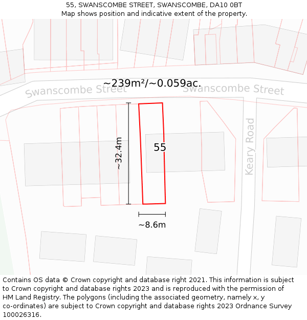 55, SWANSCOMBE STREET, SWANSCOMBE, DA10 0BT: Plot and title map