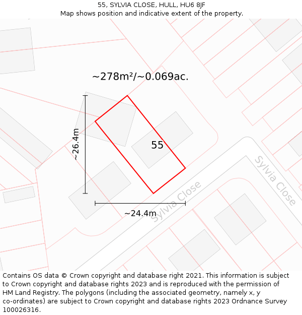 55, SYLVIA CLOSE, HULL, HU6 8JF: Plot and title map
