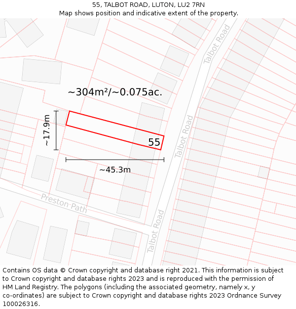 55, TALBOT ROAD, LUTON, LU2 7RN: Plot and title map