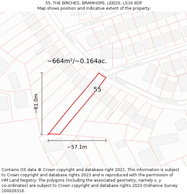 55, THE BIRCHES, BRAMHOPE, LEEDS, LS16 9DP: Plot and title map