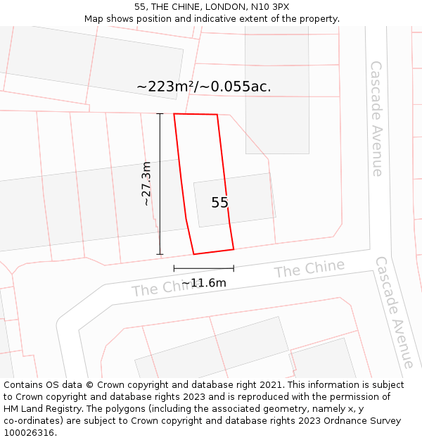 55, THE CHINE, LONDON, N10 3PX: Plot and title map