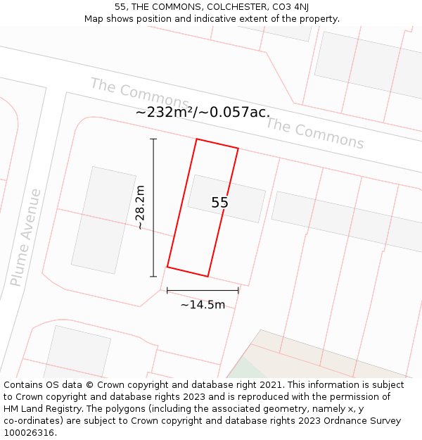 55, THE COMMONS, COLCHESTER, CO3 4NJ: Plot and title map