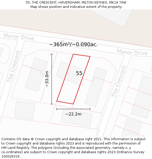 55, THE CRESCENT, HAVERSHAM, MILTON KEYNES, MK19 7AW: Plot and title map