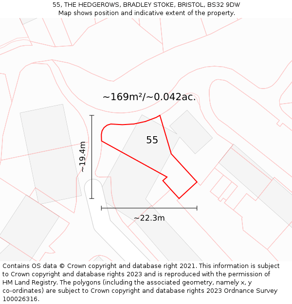 55, THE HEDGEROWS, BRADLEY STOKE, BRISTOL, BS32 9DW: Plot and title map