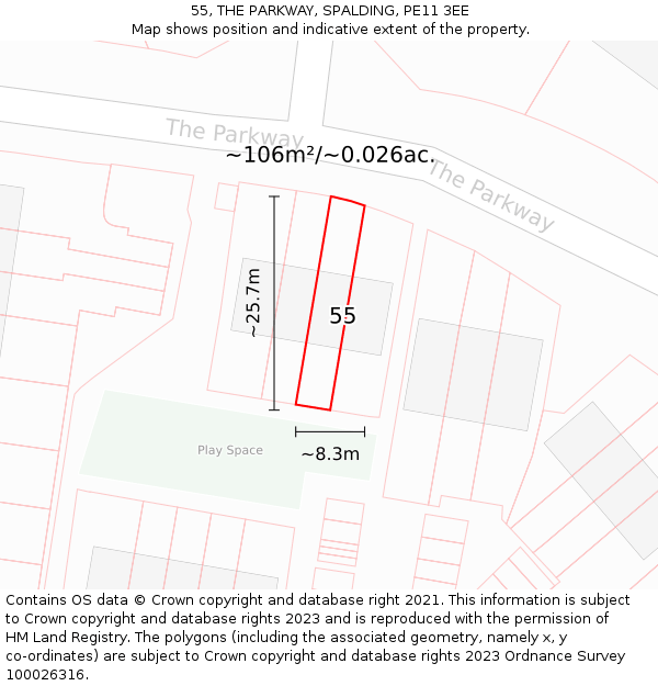 55, THE PARKWAY, SPALDING, PE11 3EE: Plot and title map