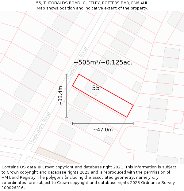 55, THEOBALDS ROAD, CUFFLEY, POTTERS BAR, EN6 4HL: Plot and title map