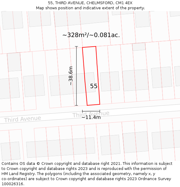 55, THIRD AVENUE, CHELMSFORD, CM1 4EX: Plot and title map