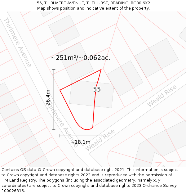 55, THIRLMERE AVENUE, TILEHURST, READING, RG30 6XP: Plot and title map