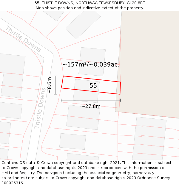 55, THISTLE DOWNS, NORTHWAY, TEWKESBURY, GL20 8RE: Plot and title map