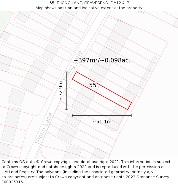 55, THONG LANE, GRAVESEND, DA12 4LB: Plot and title map