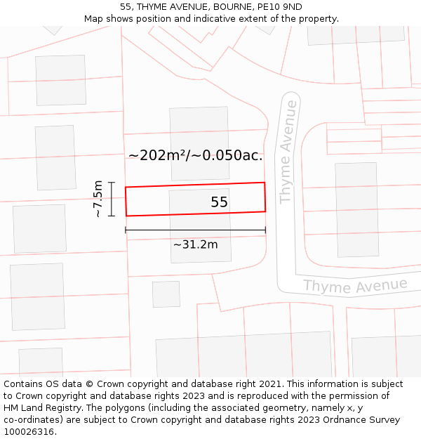55, THYME AVENUE, BOURNE, PE10 9ND: Plot and title map