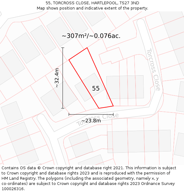55, TORCROSS CLOSE, HARTLEPOOL, TS27 3ND: Plot and title map