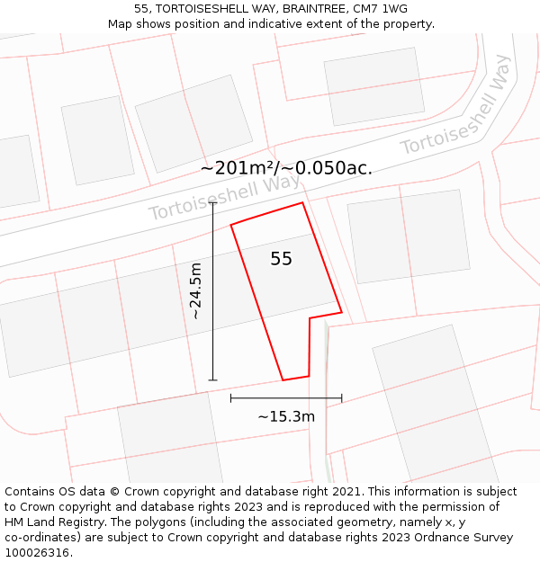 55, TORTOISESHELL WAY, BRAINTREE, CM7 1WG: Plot and title map