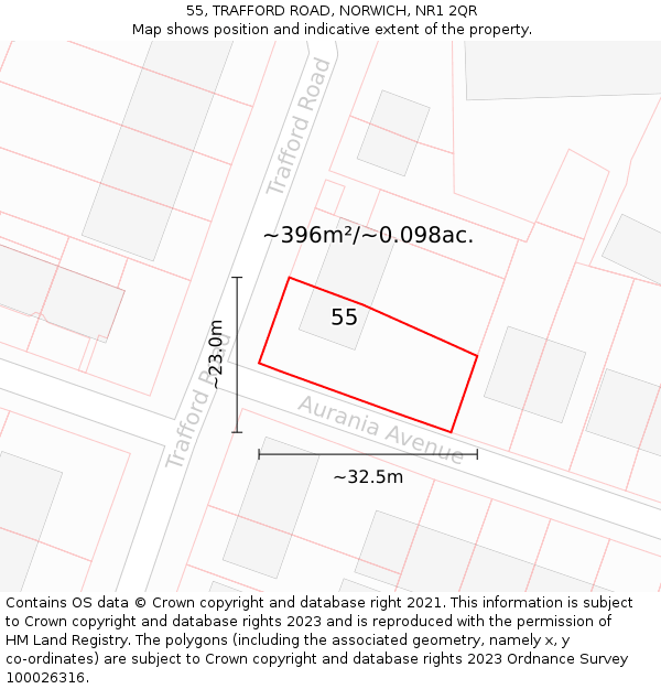 55, TRAFFORD ROAD, NORWICH, NR1 2QR: Plot and title map