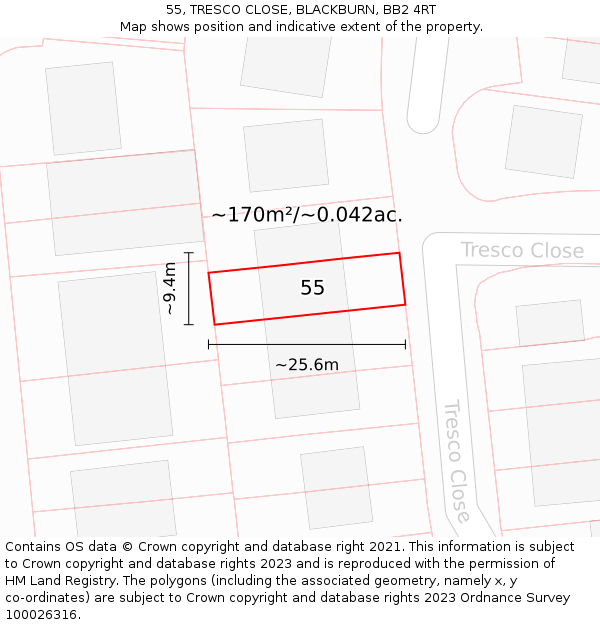55, TRESCO CLOSE, BLACKBURN, BB2 4RT: Plot and title map