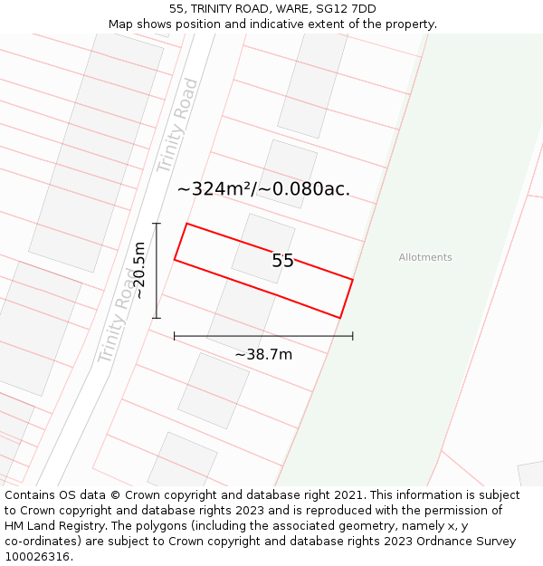 55, TRINITY ROAD, WARE, SG12 7DD: Plot and title map