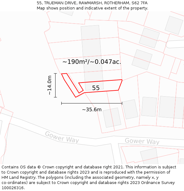 55, TRUEMAN DRIVE, RAWMARSH, ROTHERHAM, S62 7FA: Plot and title map