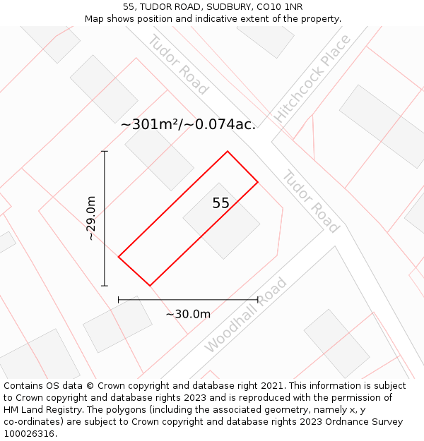55, TUDOR ROAD, SUDBURY, CO10 1NR: Plot and title map