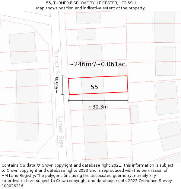 55, TURNER RISE, OADBY, LEICESTER, LE2 5SH: Plot and title map