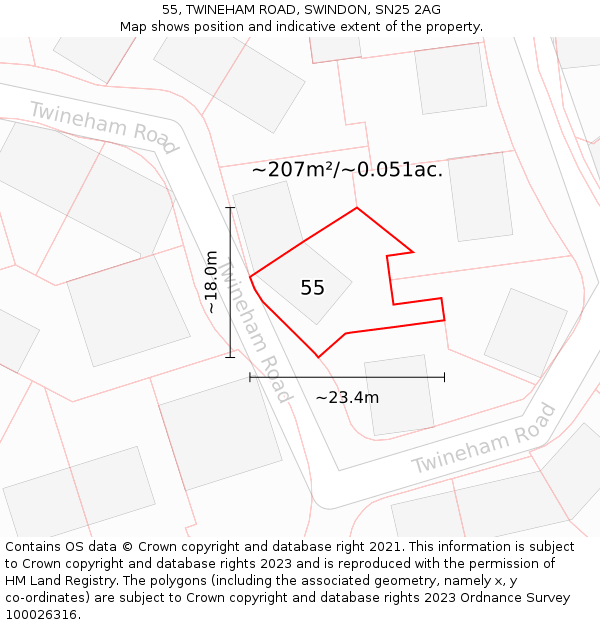 55, TWINEHAM ROAD, SWINDON, SN25 2AG: Plot and title map
