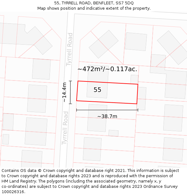 55, TYRRELL ROAD, BENFLEET, SS7 5DQ: Plot and title map