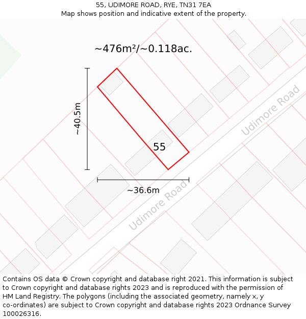 55, UDIMORE ROAD, RYE, TN31 7EA: Plot and title map