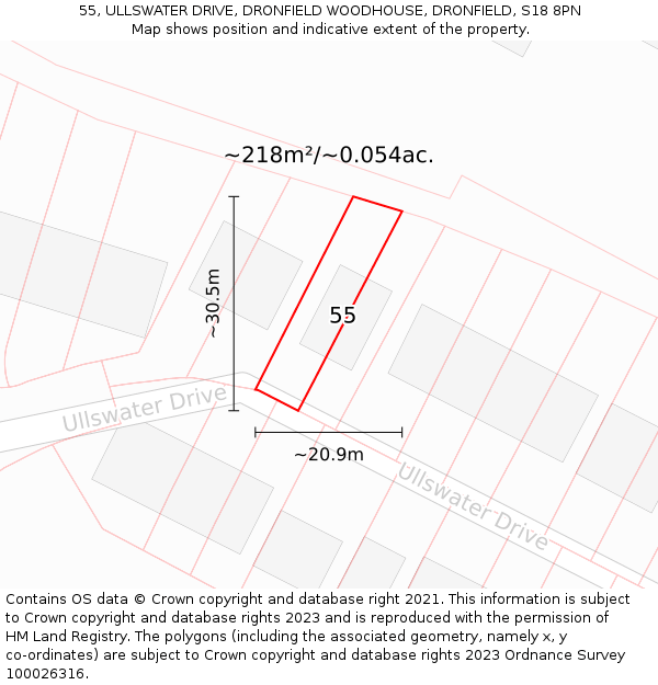 55, ULLSWATER DRIVE, DRONFIELD WOODHOUSE, DRONFIELD, S18 8PN: Plot and title map