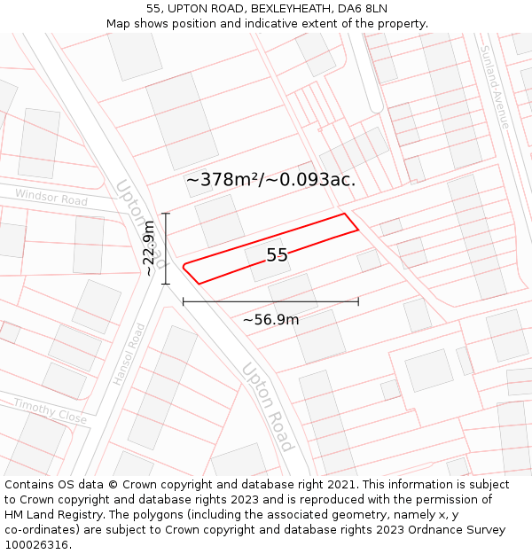 55, UPTON ROAD, BEXLEYHEATH, DA6 8LN: Plot and title map