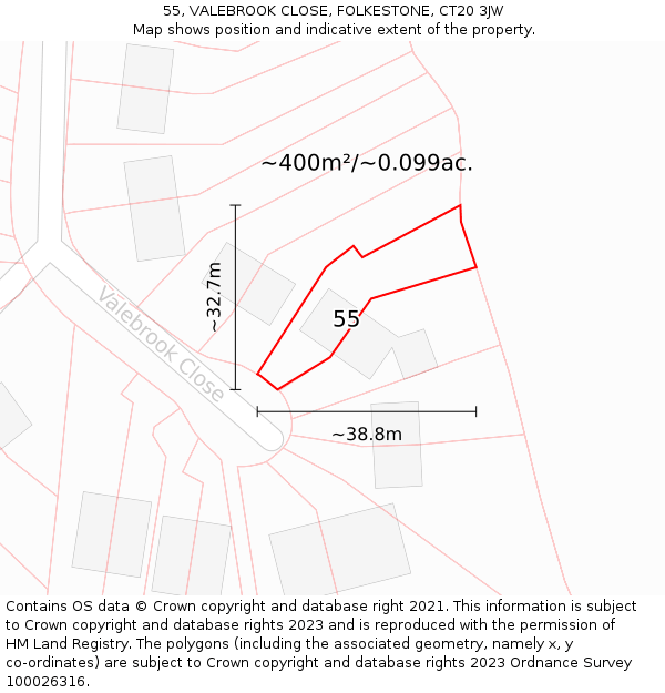 55, VALEBROOK CLOSE, FOLKESTONE, CT20 3JW: Plot and title map