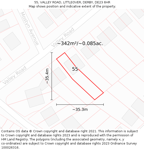 55, VALLEY ROAD, LITTLEOVER, DERBY, DE23 6HR: Plot and title map