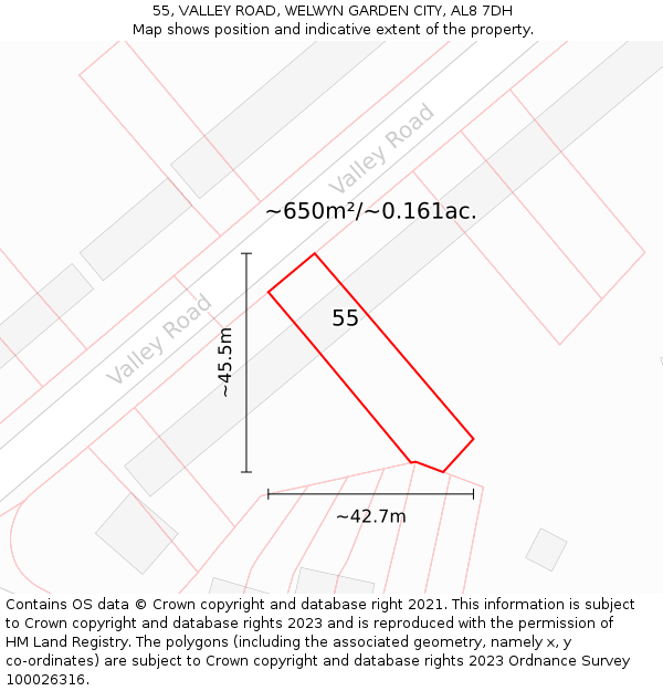 55, VALLEY ROAD, WELWYN GARDEN CITY, AL8 7DH: Plot and title map